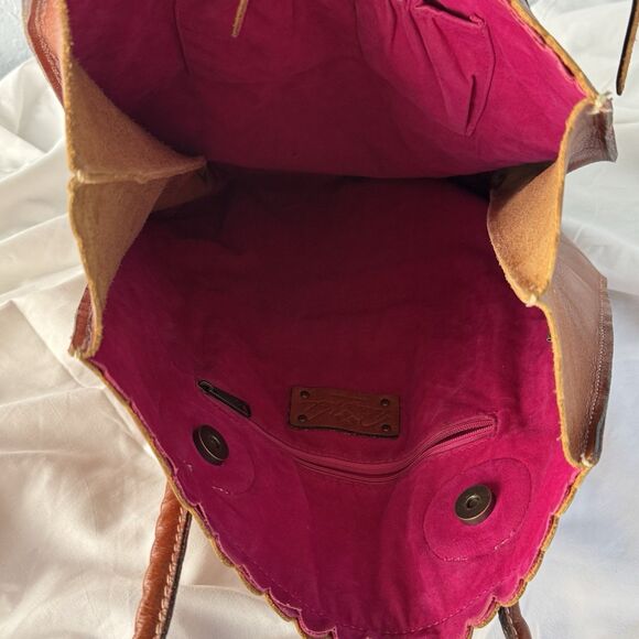 Patricia Nash Leather Handbag Tooled Brown Leather 17x12.5 Cavo Tote Excellent - Picture 9 of 9